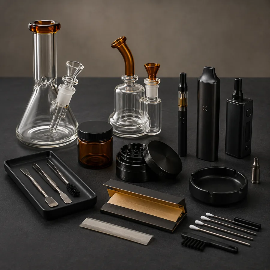 Unbranded glassware, vaporizer devices, grinders and rolling accessories arranged on a charcoal surface