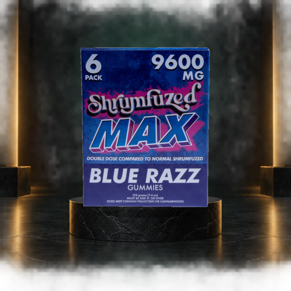 Shrumfuzed MAX Blue Razz gummies 6 count cinematic package image